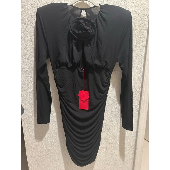 H&M Magda Butrym Rose-Appliquéd Black Dress With Shoulder Pads LARGE NWT - Picture 1 of 7